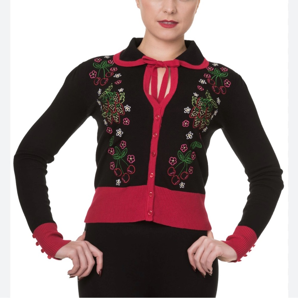 Banned / Dancing Days Blue Dawn Cherries Strawberries Cardigan, Size L